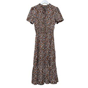 BTFBM Womens Dress Size S Brown Floral Smocked Waist Midi Short Sleeve Flowy